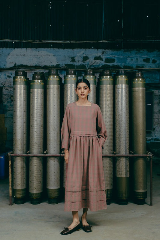Boat Neck Dress, in Apricot Checked