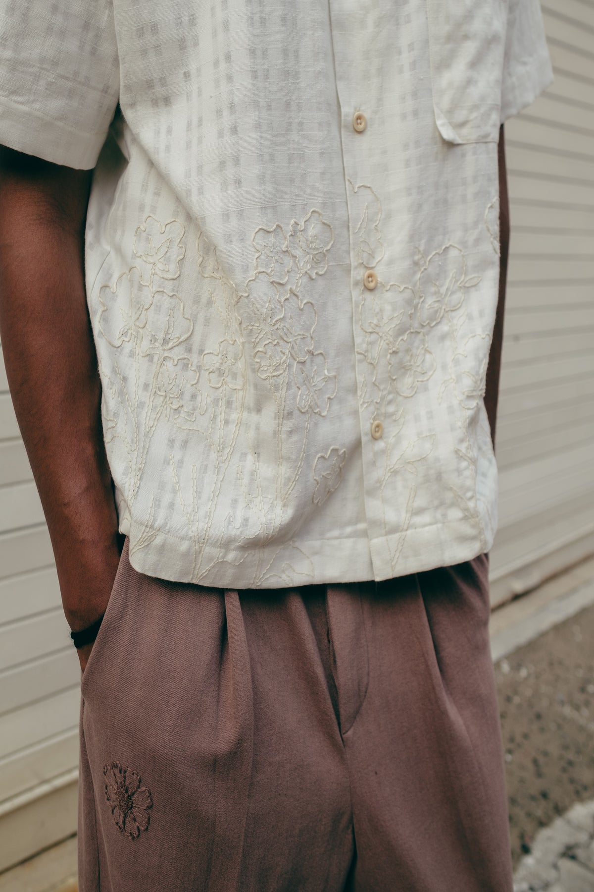 Embroidered Short Sleeve Khadi Vacay Shirt, in Ecru image 2