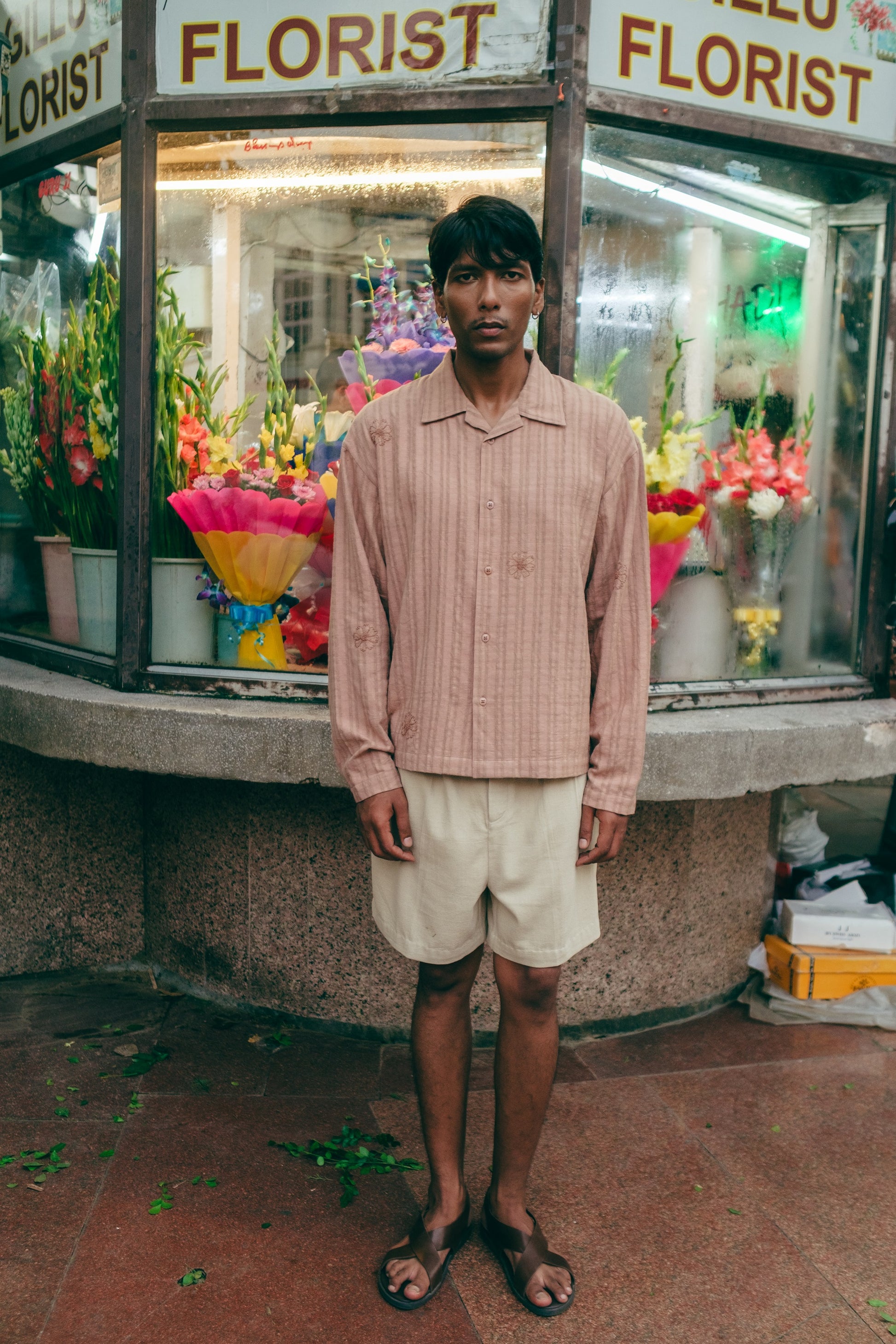 Embroidered Long Sleeve Khadi Vacay Shirt, in Umber image 1