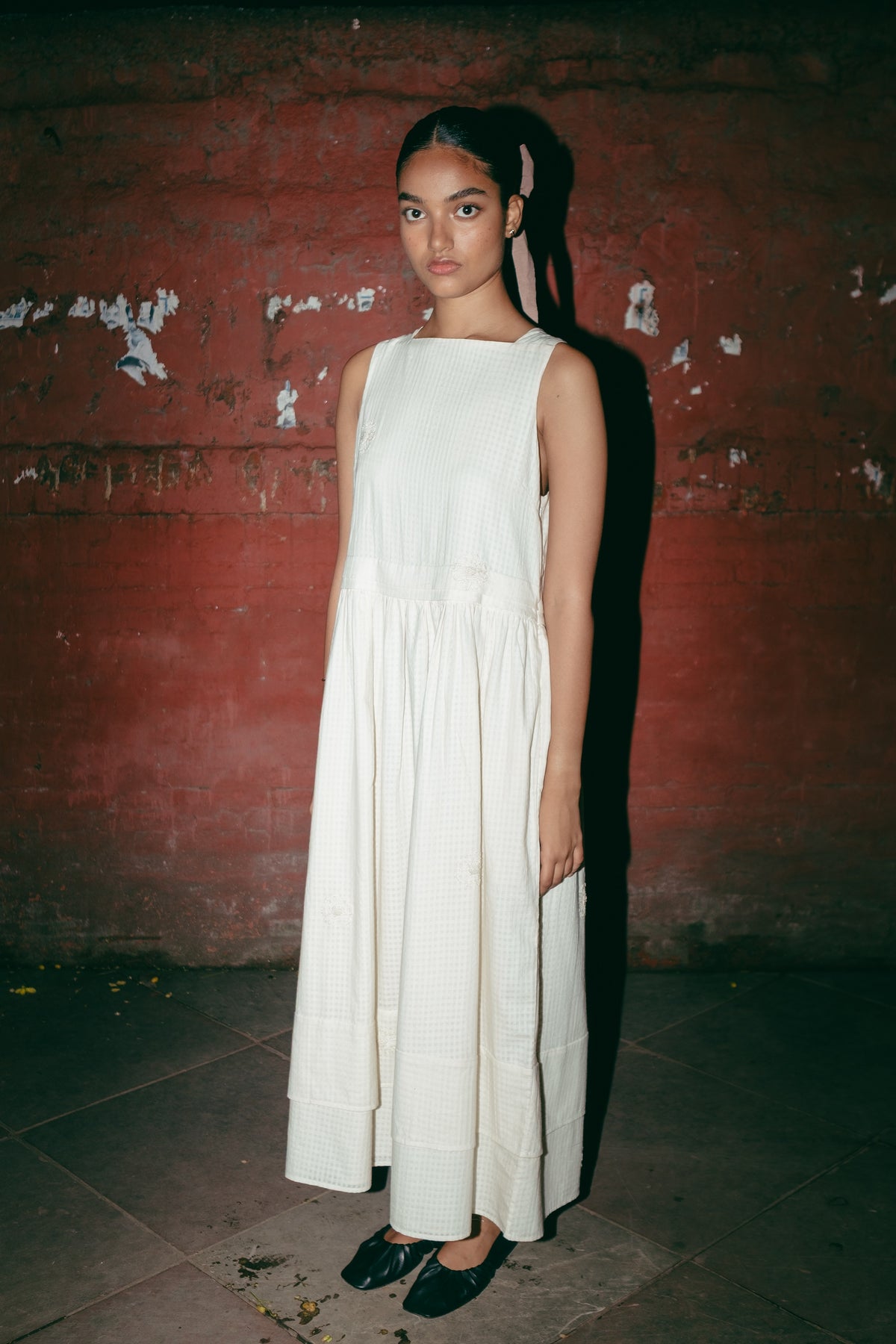 Embroidered Sleeveless Khadi Boat Neck dress, in Ecru