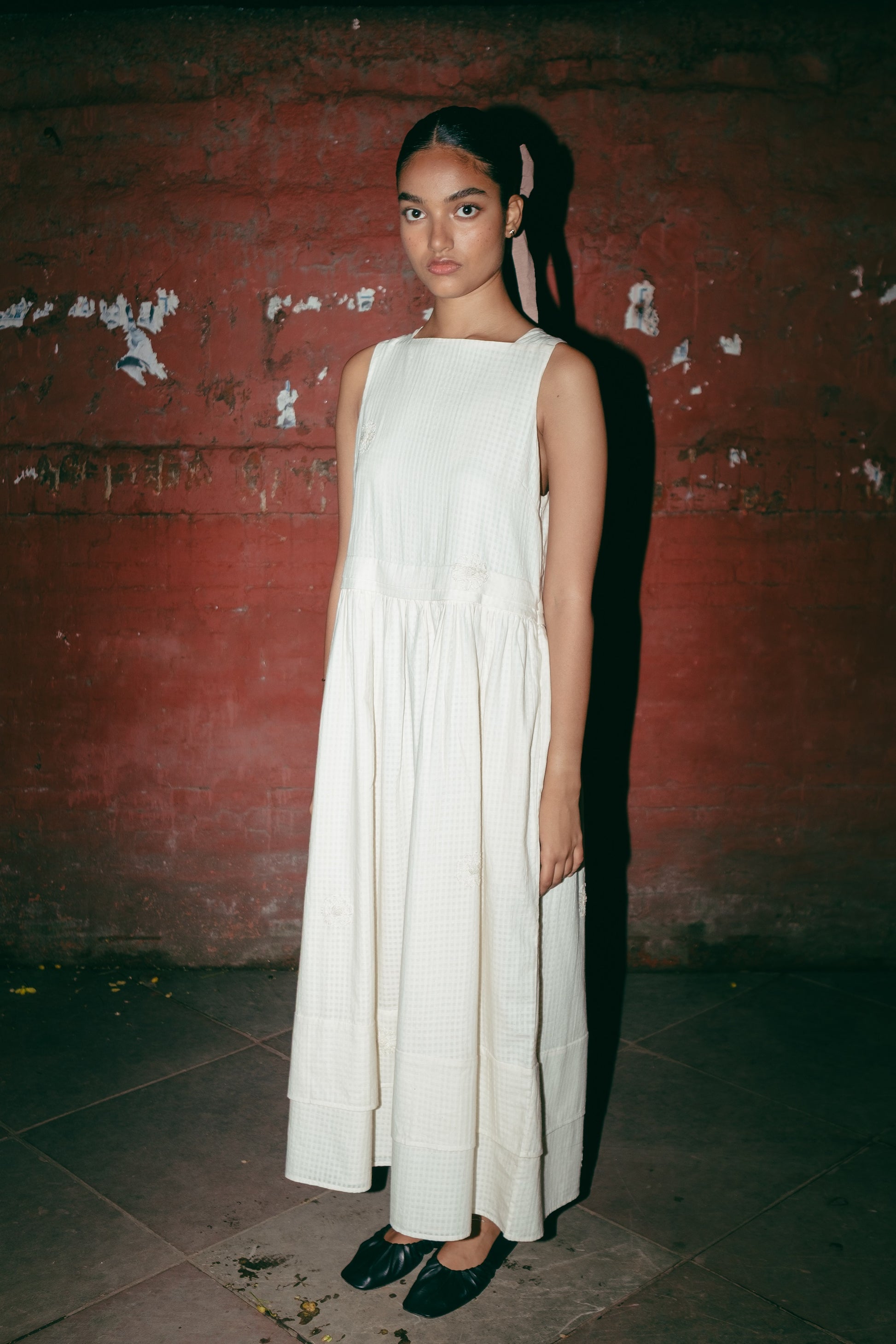 Embroidered Sleeveless Khadi Boat Neck dress, in Ecru image 1