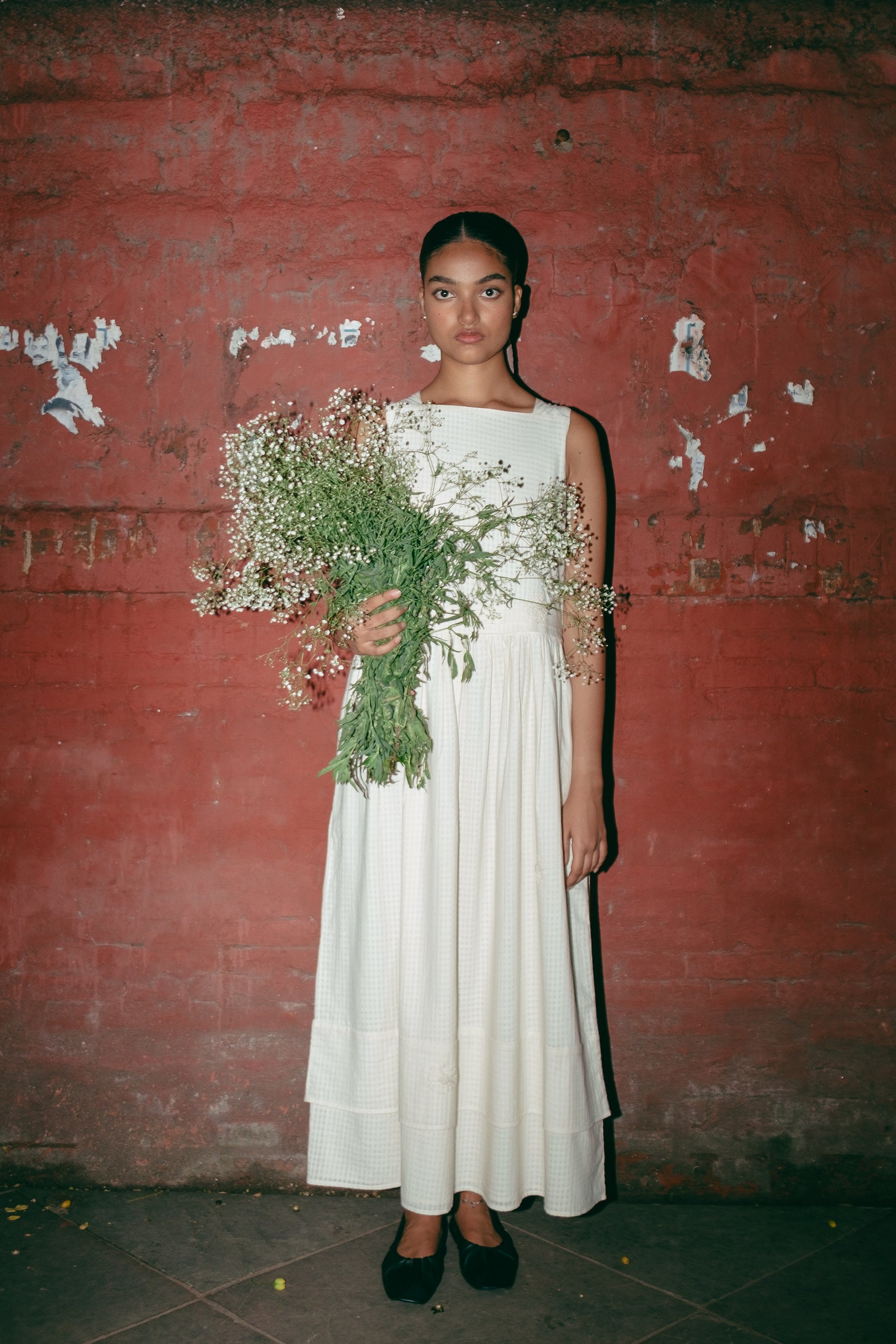 Embroidered Sleeveless Khadi Boat Neck dress, in Ecru image 3
