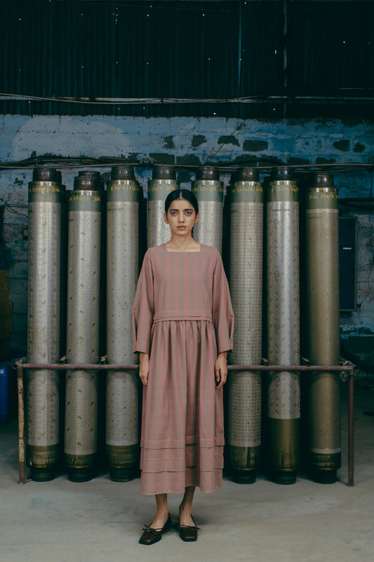 Boat Neck Dress, in Apricot Checked