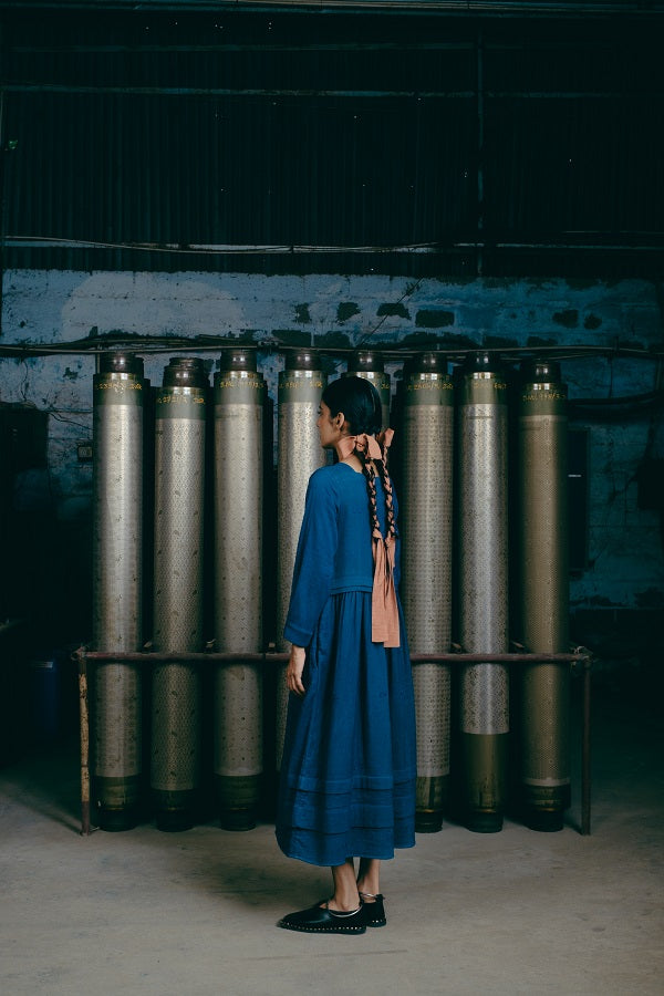 Hand-Embroidered Boat Neck Dress, in Indigo