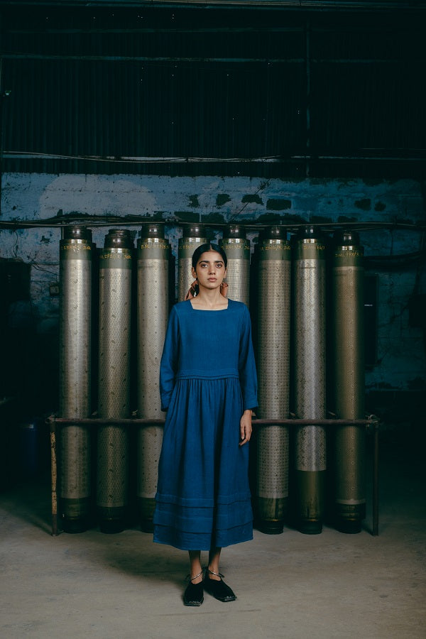 Hand-Embroidered Boat Neck Dress, in Indigo