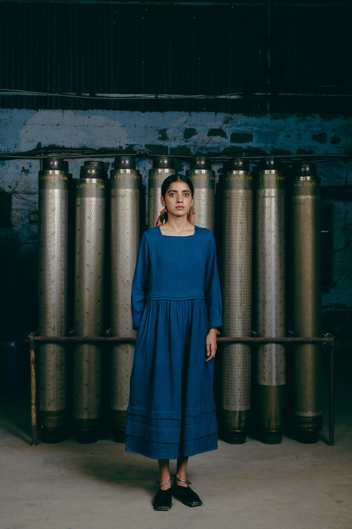 Hand-Embroidered Boat Neck Dress, in Indigo image 1