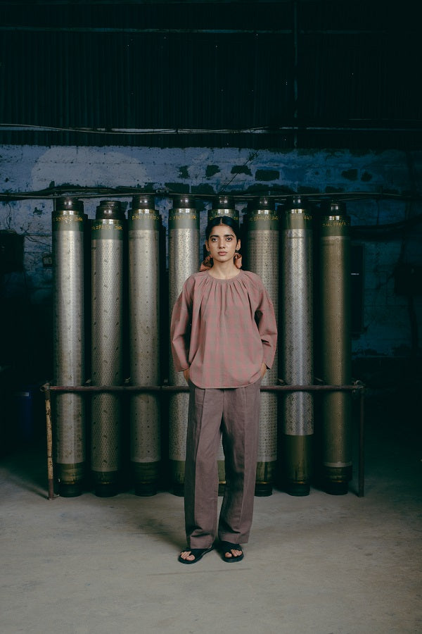 Women Top, in Apricot Checked