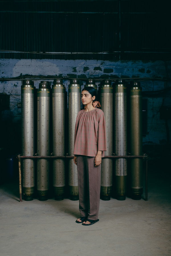 Women Top, in Apricot Checked