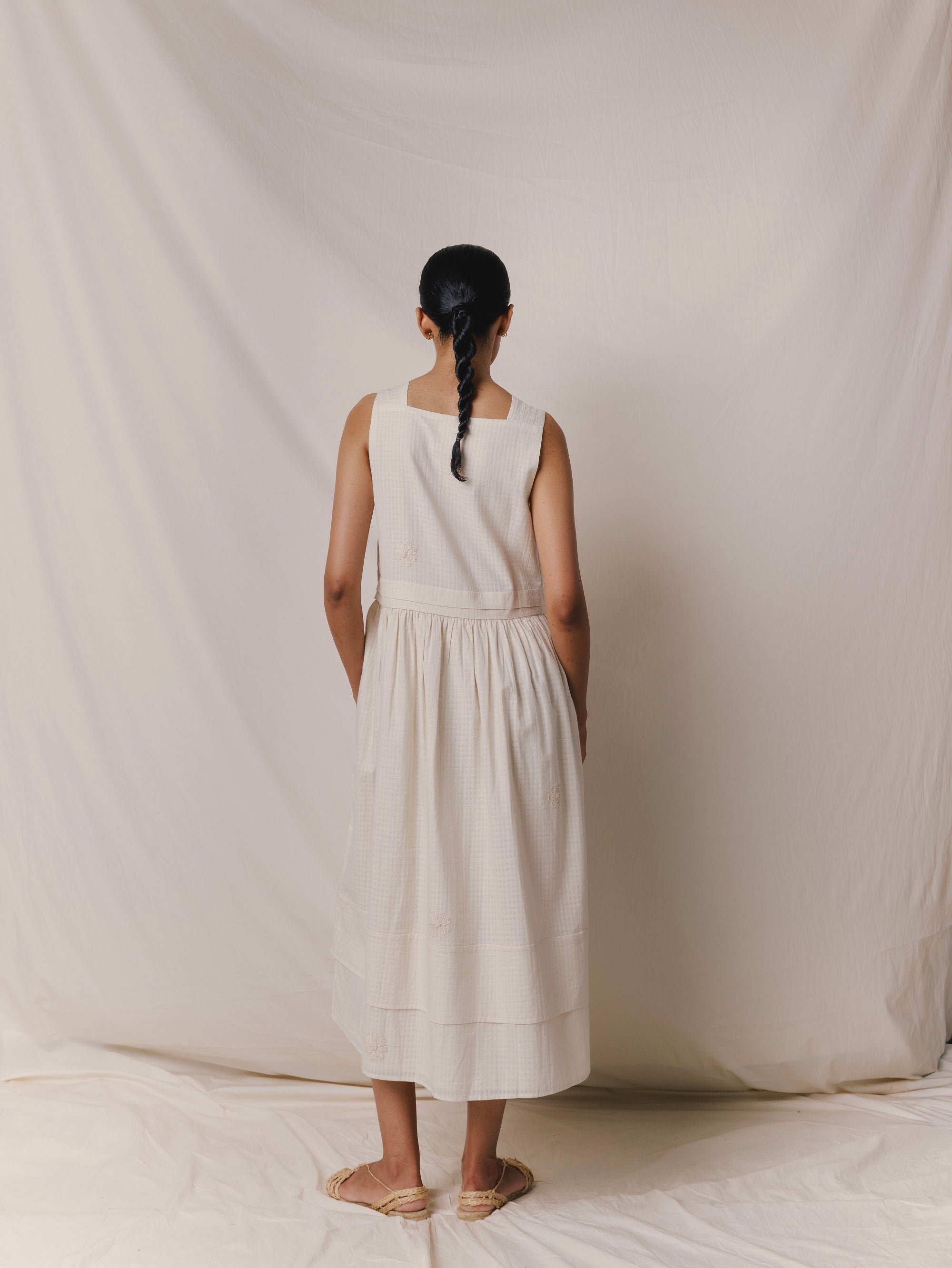 Embroidered Sleeveless Khadi Boat Neck dress, in Ecru