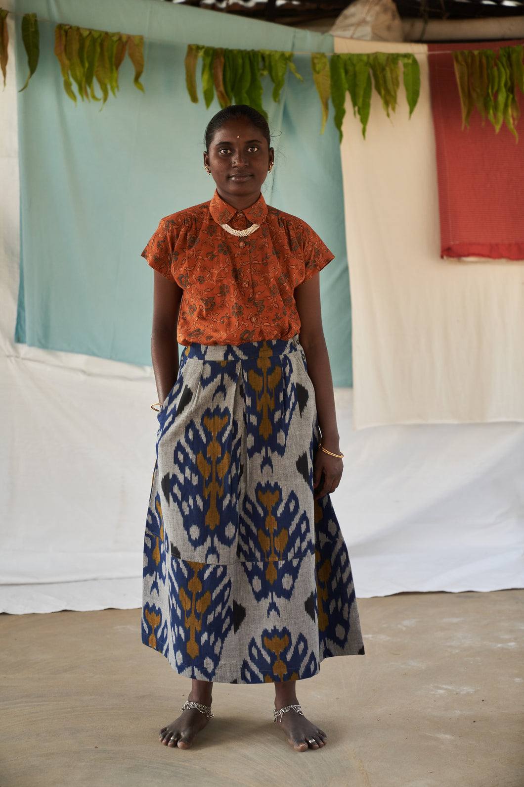 Pleated Sabi Skirt, in Mandragora Ikat
